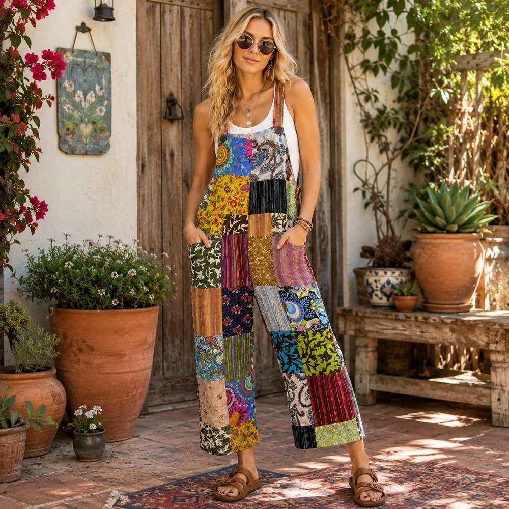 Ark Imports Zuba Patchwork Overalls Womens S/M Multi Color Boho Nepal Cotton